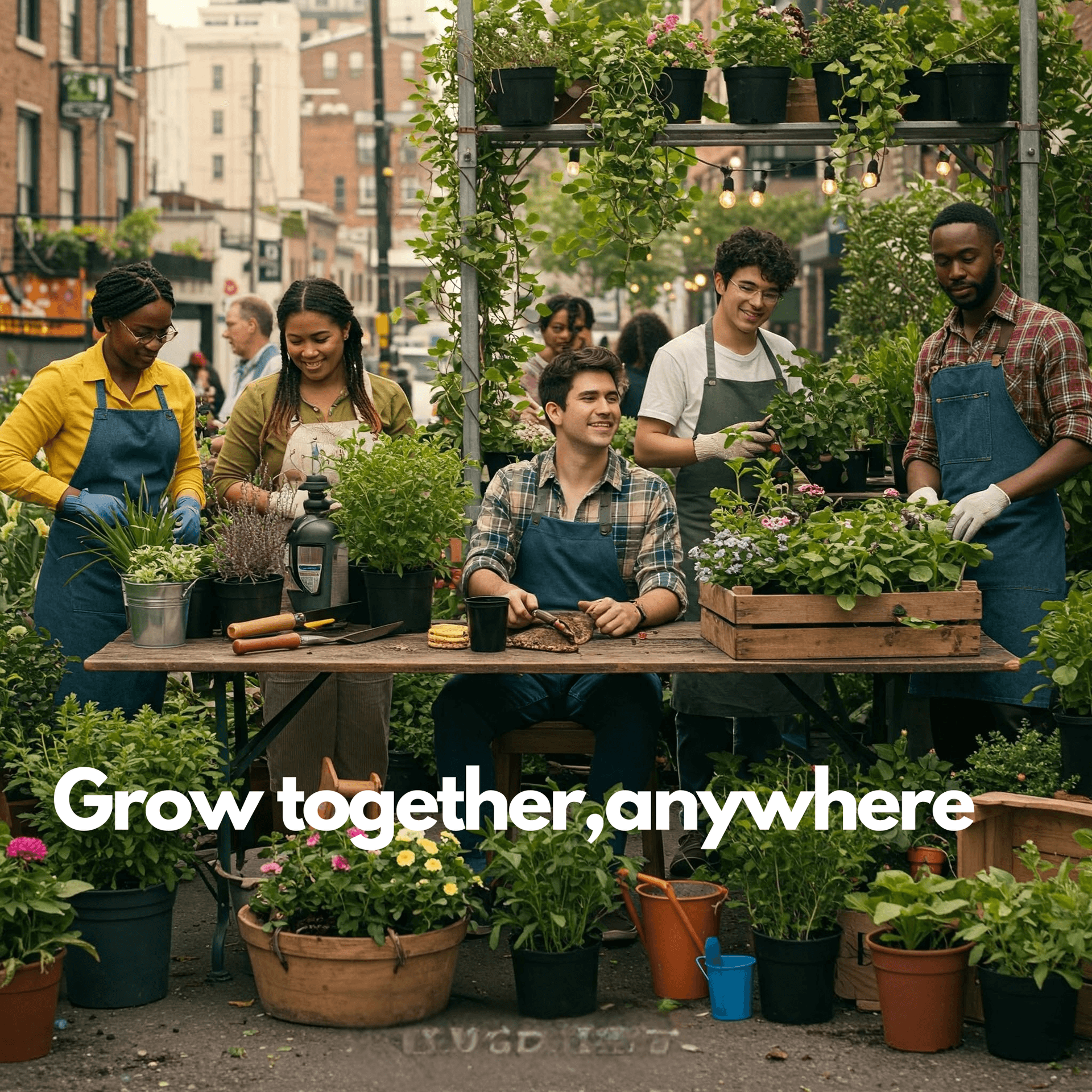 Urban gardeners working together in a community garden